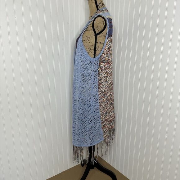 OSO Casuals Boho Crochet Sleeveless Long Vest Sz L Blue Multicolor Fringe Hippie - Picture 3 of 14